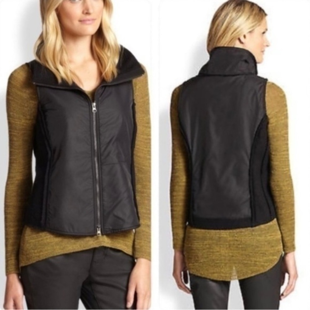 Eileen Fisher Black Wool and Vinyl Zipper Collared Vest